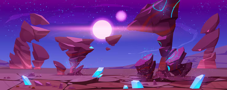Levitating rock islands and glowing cyan crystals under a magenta moonlit sky
