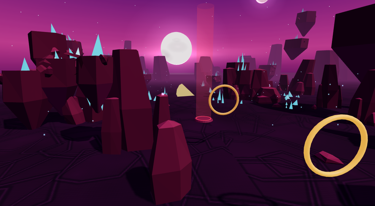 Crystal Drift — magenta rock isles hanging over a cracked violet plain lit by cyan crystals