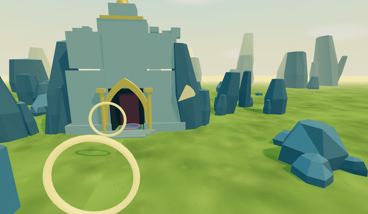 Rock Sanctum — a gold-arched stone gate on a golden plain ringed by slate rock spires