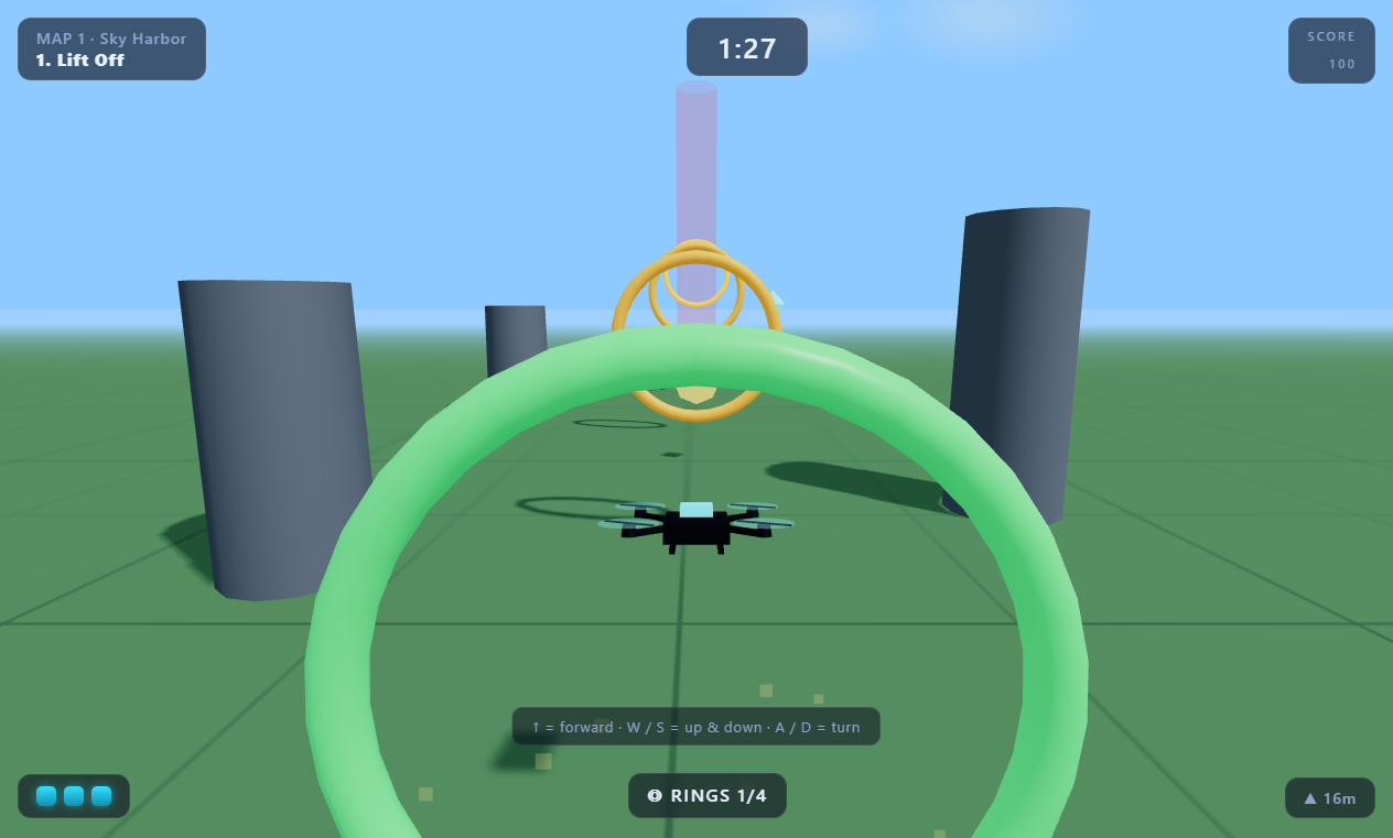 DroSky gameplay — a drone flying through a ring in Sky Harbor